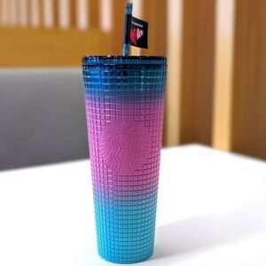 Brand New Starbucks 2024 Plastic Cold Cup 24oz Venti Grid Ombre Pink Blue